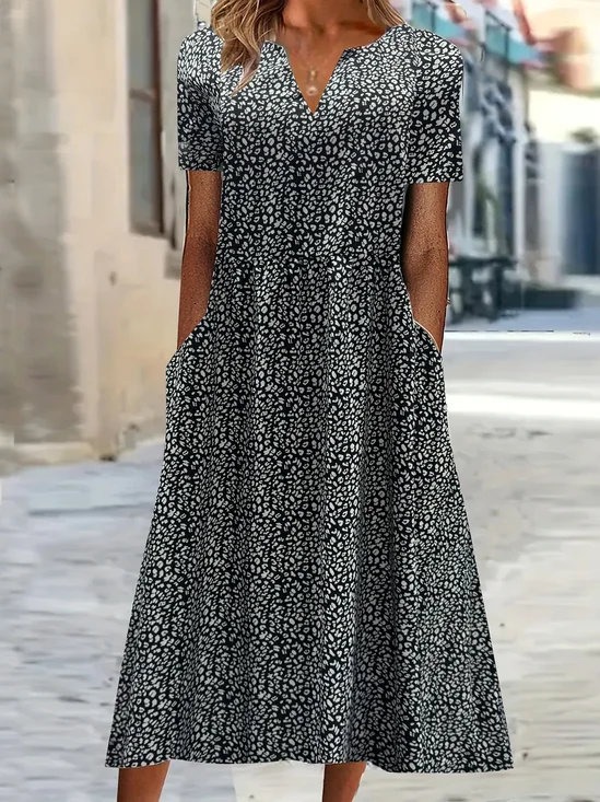 Damen Leopard Kurzarm Sommer Print Kleid V-Ausschnitt Täglich Lässig Maxikleid Passen & Flare Kleid H-Linie Kleid