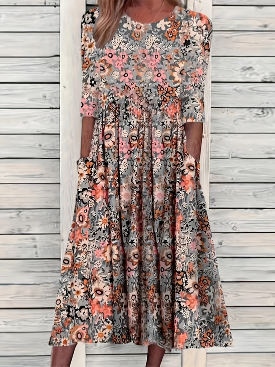 Damen Geblümt Kurzarm Sommer Print Kleid Rundhals Täglich Lässig Maxikleid Etuikleid H-Linie Kleid