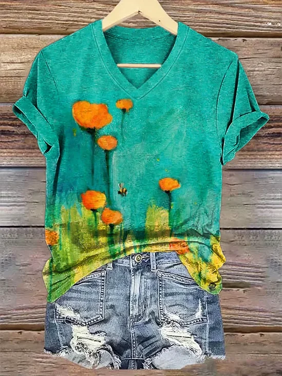 Damen Geblümt Kurzarm T-Shirts T-Shirt V-Ausschnitt Print Lässig Sommer T-Shirt mit Grafik Oberteile