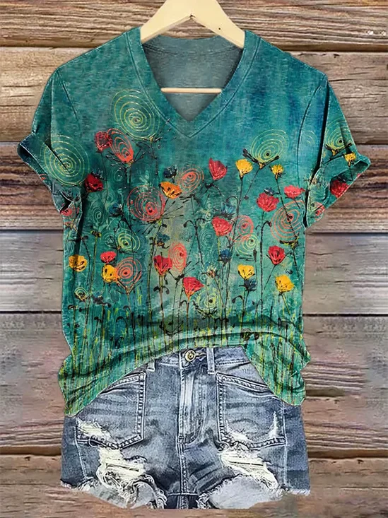 Damen Geblümt Kurzarm T-Shirts T-Shirt V-Ausschnitt Print Lässig Sommer T-Shirt mit Grafik Oberteile