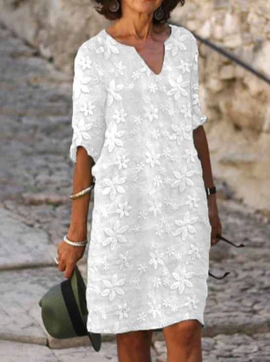 Damen Geblümt Halbarm Sommer Print Kleid V-Ausschnitt Täglich Lässig Mini Etuikleid H-Linie Kleid