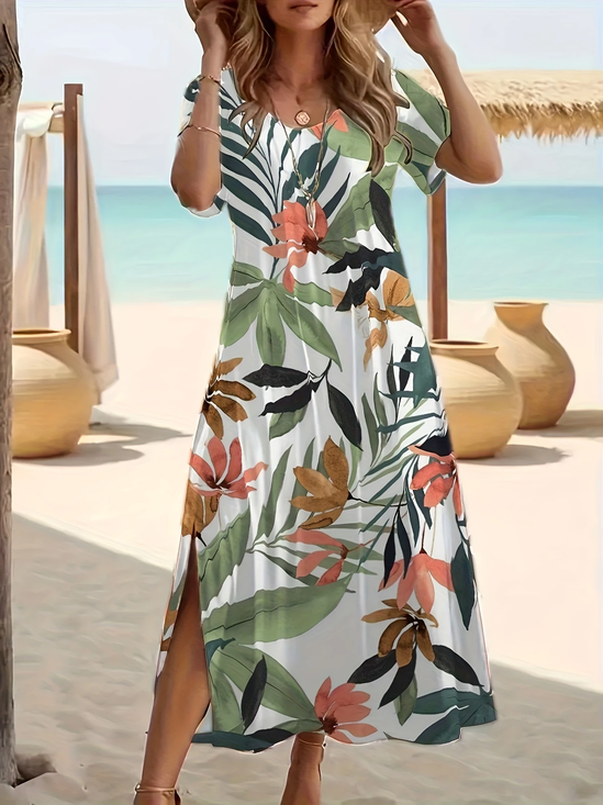 Damen Geblümt Kurzarm Sommer Print Kleid Rundhals Täglich Lässig Maxikleid Passen & Flare Kleid A-Linien-Kleid