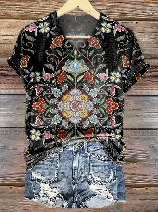 Damen Geblümt Kurzarm T-Shirts T-Shirt V-Ausschnitt Lässig Sommer T-Shirt mit Grafik Oberteile