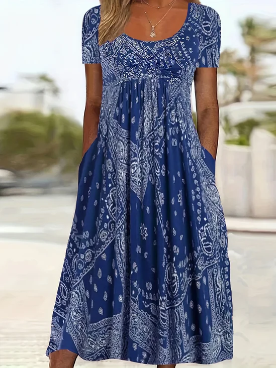 Damen Geblümt Kurzarm Sommer Print Kleid Rundhals Täglich Lässig Maxikleid Etuikleid H-Linie Kleid