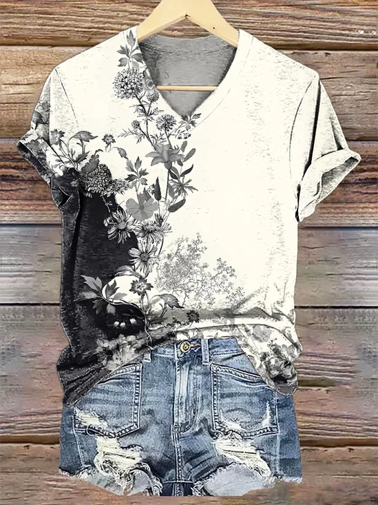 Damen Geblümt Kurzarm T-Shirts T-Shirt V-Ausschnitt Print Lässig Sommer T-Shirt mit Grafik Oberteile