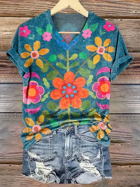 Damen Geblümt Kurzarm T-Shirts T-Shirt V-Ausschnitt Print Lässig Sommer T-Shirt mit Grafik Oberteile