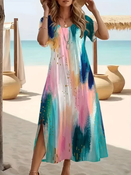 Damen Abstrakt Kurzarm Sommer Print Kleid Rundhals Täglich Lässig Maxikleid Passen & Flare Kleid A-Linien-Kleid