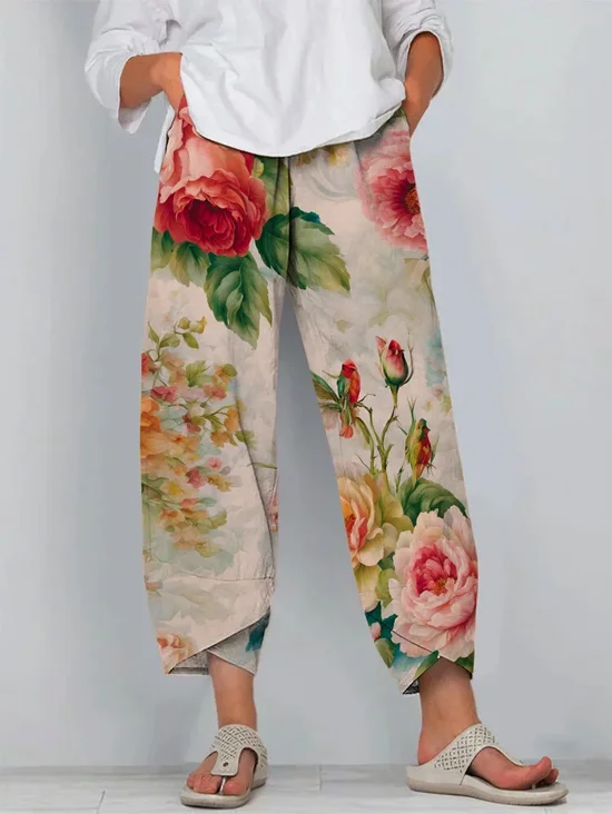 Damen Geblümt Caprihosen Hose Lässig Sommer Hose