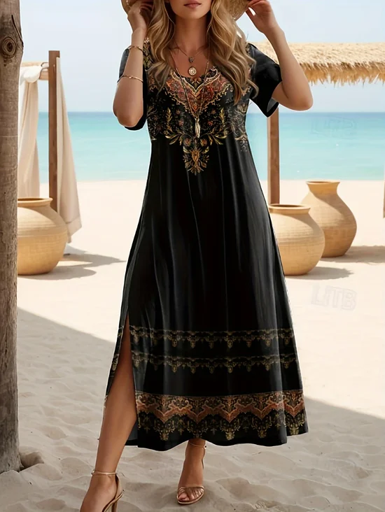 Damen Geblümt Kurzarm Sommer Print Kleid Rundhals Täglich Lässig Maxikleid Passen & Flare Kleid A-Linien-Kleid