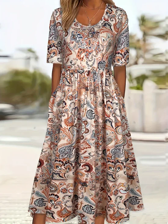 Damen Geblümt Kurzarm Sommer Print Kleid Rundhals Täglich Lässig Maxikleid Etuikleid H-Linie Kleid