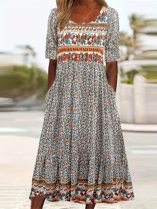 Damen Geblümt Kurzarm Sommer Print Kleid Rundhals Täglich Lässig Maxikleid Etuikleid H-Linie Kleid