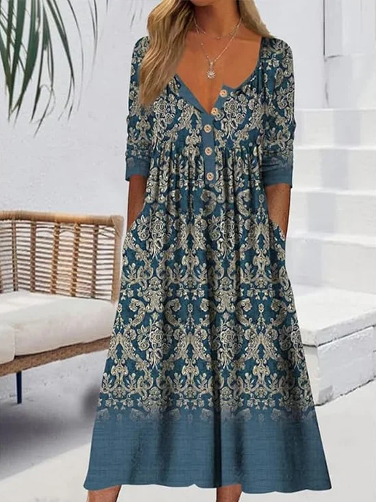 Damen Geblümt Halbarm Sommer Print Kleid Halb offener Kragen Täglich Lässig Maxikleid A-Linien-Kleid