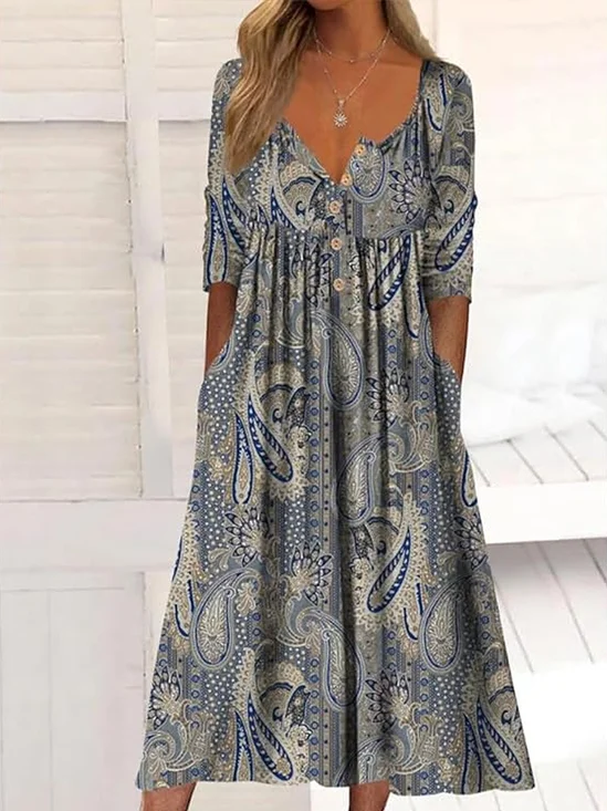 Damen Paisley Halbarm Sommer Print Kleid Halb offener Kragen Täglich Lässig Maxikleid A-Linien-Kleid