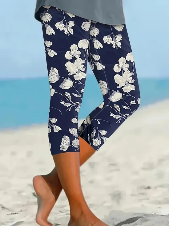 Damen Geblümt Caprihosen Elastische Taille Hose Lässig Sommer Hose
