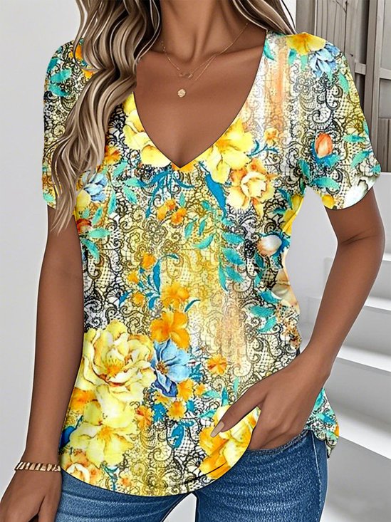 Damen Botanisch Muster Kurzarm T-Shirts T-Shirt V-Ausschnitt Retro Sommer Oberteile