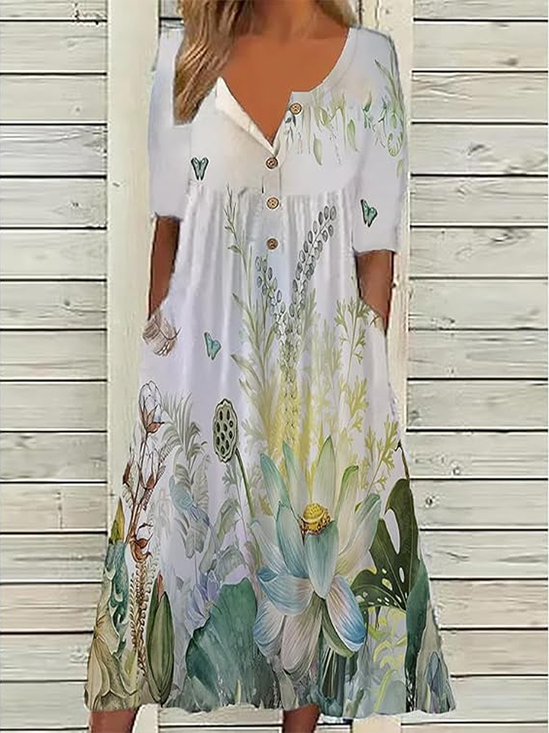 Damen Geblümt Halbarm Sommer Print Kleid Halb offener Kragen Täglich Lässig Maxikleid A-Linien-Kleid