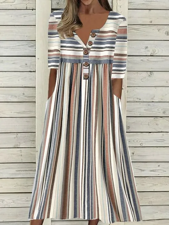 Damen Gestreift Halbarm Sommer Print Kleid Halb offener Kragen Täglich Lässig Maxikleid A-Linien-Kleid