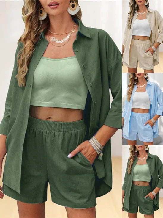 Damen Unifarben Zweiteiliges Set Täglich Dreiviertelärmel Lässig Frühling/Herbst Bluse mit Hose Matching Set