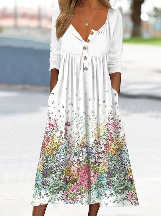 Damen Geblümt Halbarm Sommer Print Kleid Halb offener Kragen Täglich Lässig Maxikleid A-Linien-Kleid