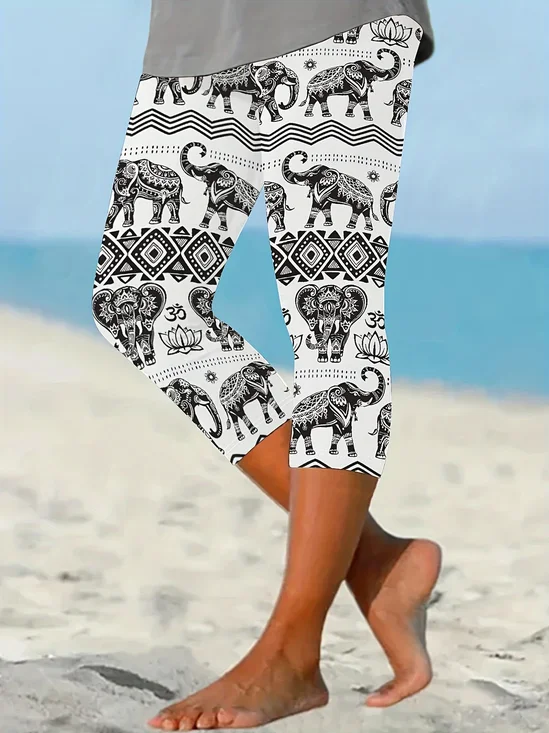 Damen Elefant Caprihosen Elastische Taille Hose Lässig Sommer Hose