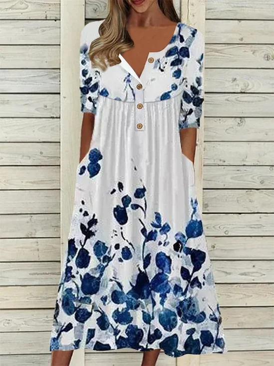 Damen Geblümt Halbarm Sommer Print Kleid Halb offener Kragen Täglich Lässig Maxikleid A-Linien-Kleid