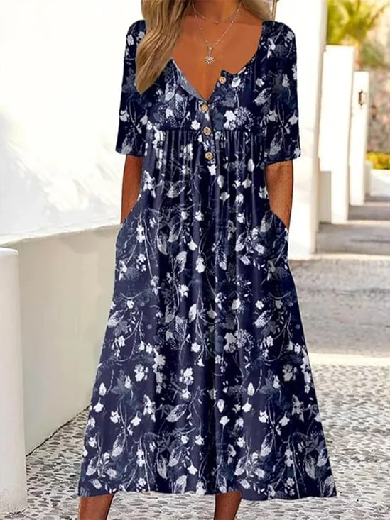 Damen Geblümt Halbarm Sommer Print Kleid Halb offener Kragen Täglich Lässig Maxikleid A-Linien-Kleid