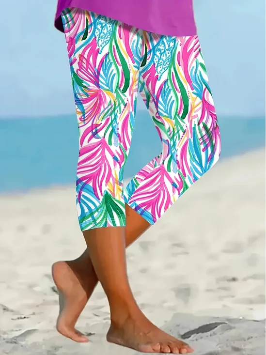 Damen Geblümt Caprihosen Elastische Taille Hose Lässig Sommer Hose