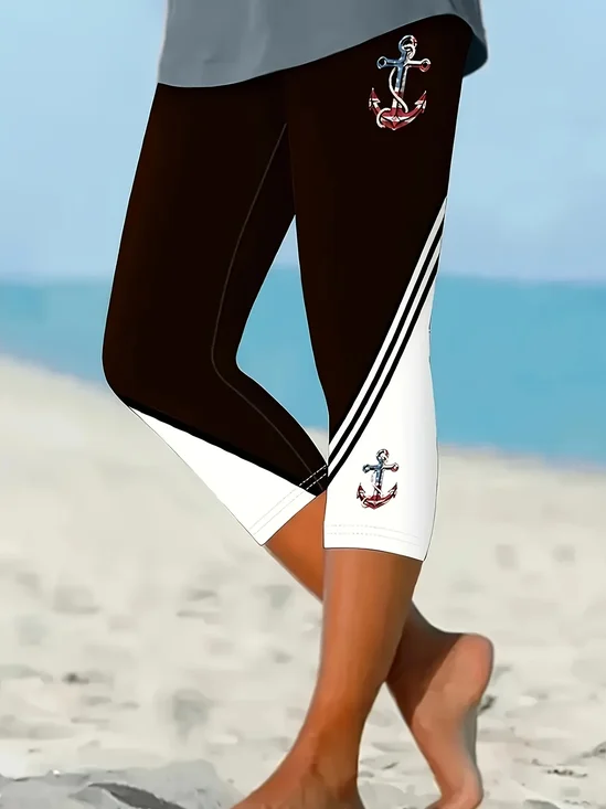 Damen Anker Caprihosen Elastische Taille Hose Lässig Sommer Hose