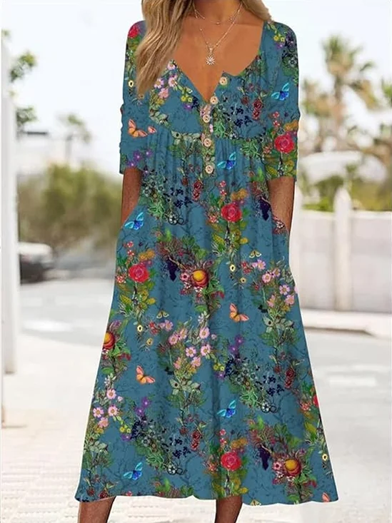 Damen Geblümt Halbarm Sommer Print Kleid Halb offener Kragen Täglich Lässig Maxikleid A-Linien-Kleid