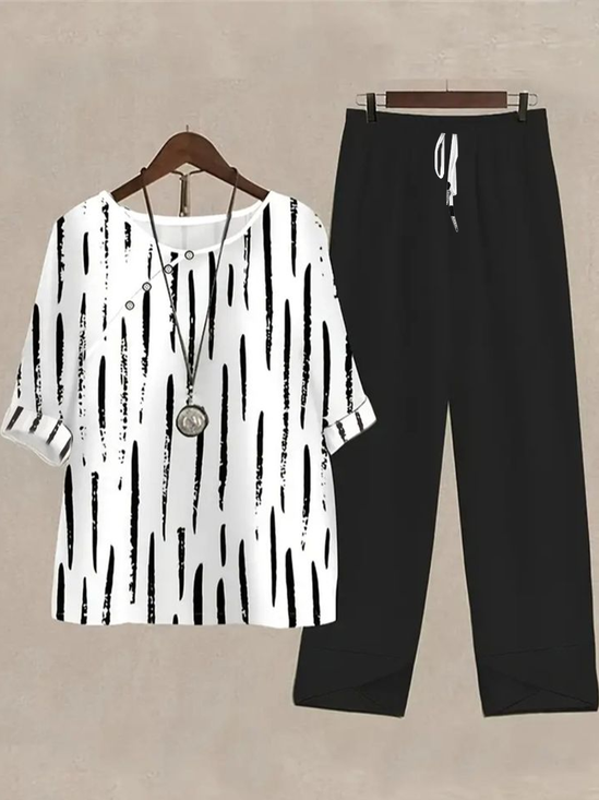 Damen Gestreift Print Zweiteiliges Set Täglich Halbarm Lässig Sommer Bluse mit Hose Matching Set