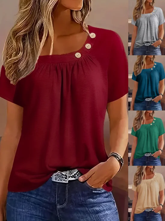 Damen Unifarben Kurzarm T-Shirts T-Shirt Rundhals Schnalle Lässig Sommer Oberteile