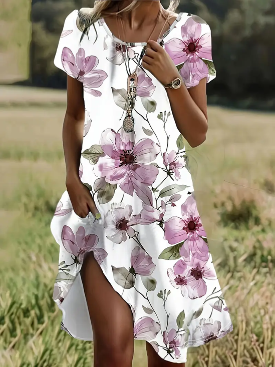 Damen Geblümt Kurzarm Sommer Print Kleid Rundhals Täglich Lässig Mini Tunika H-Linie Kleid