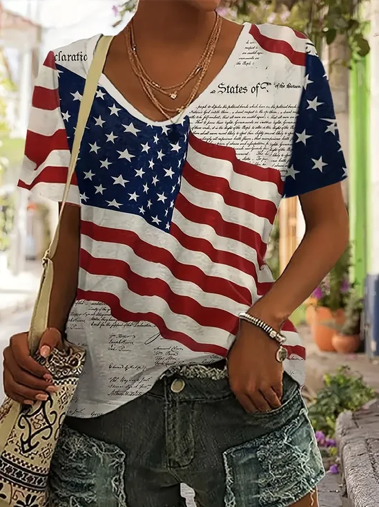 Damen Tag der Unabhängigkeit (Flagge) Kurzarm T-Shirts T-Shirt V-Ausschnitt Print Lässig Sommer T-Shirt mit Grafik Oberteile