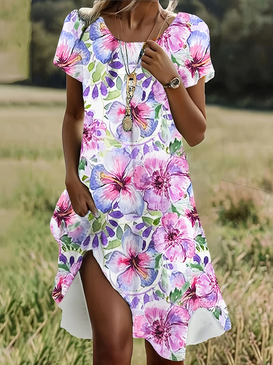 Damen Geblümt Kurzarm Sommer Print Kleid Rundhals Täglich Lässig Mini Tunika H-Linie Kleid