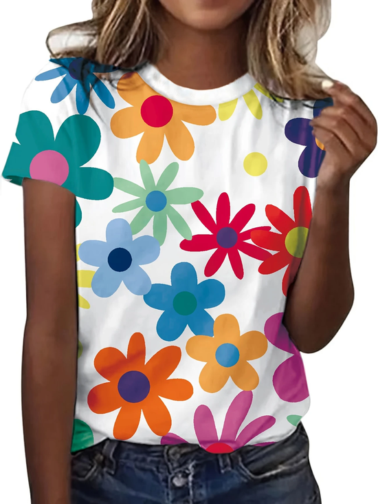 Damen Geblümt Kurzarm T-Shirts T-Shirt Rundhals Print Lässig Sommer T-Shirt mit Grafik Oberteile