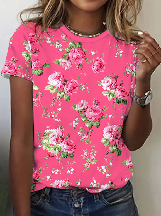 Damen Geblümt Kurzarm T-Shirts T-Shirt Rundhals Print Lässig Sommer T-Shirt mit Grafik Oberteile