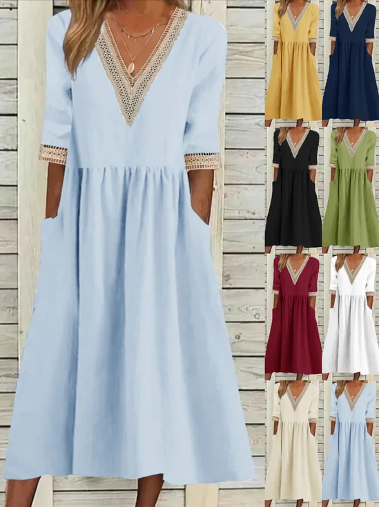 Damen Unifarben Halbarm Sommer Nahtverarbeitung Kleid V-Ausschnitt Täglich Lässig Maxikleid Passen & Flare Kleid A-Linien-Kleid
