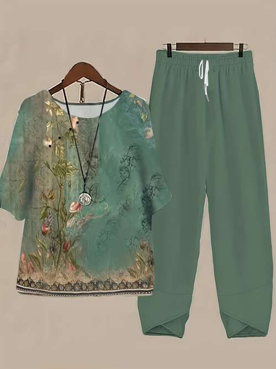 Damen Geblümt Print Zweiteiliges Set Täglich Halbarm Lässig Sommer Bluse mit Hose Matching Set