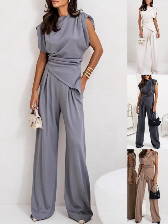 Damen Unifarben Irregulär Handwerkskunst Zweiteiliges Set Täglich Ärmellos Lässig Sommer Bluse mit Hose Matching Set