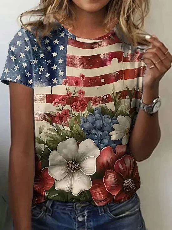 Damen Geblümt Kurzarm T-Shirts T-Shirt Rundhals Print Lässig Sommer T-Shirt mit Grafik Oberteile
