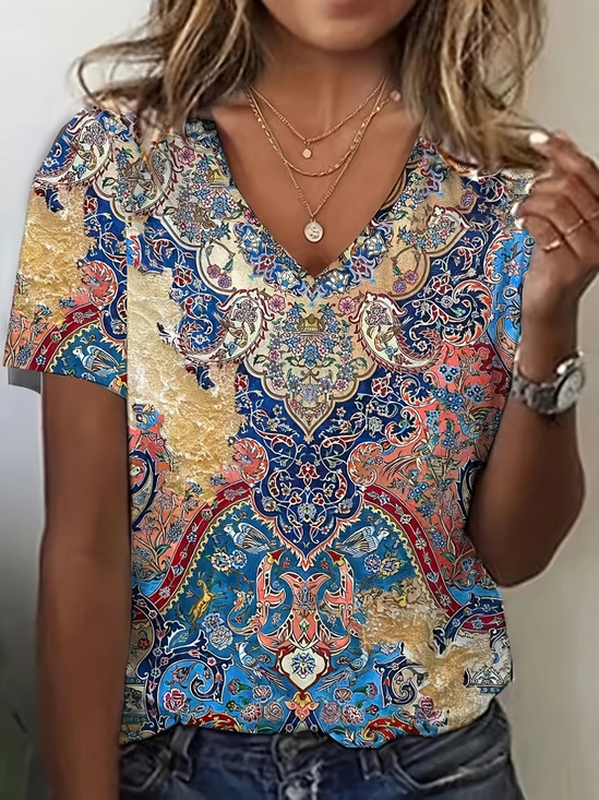 Damen Geblümt Kurzarm T-Shirts T-Shirt V-Ausschnitt Print Lässig Sommer T-Shirt mit Grafik Oberteile