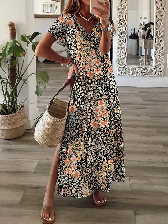 Damen Geblümt Kurzarm Sommer Print Kleid V-Ausschnitt Täglich Lässig Maxikleid X-Linie Kleid