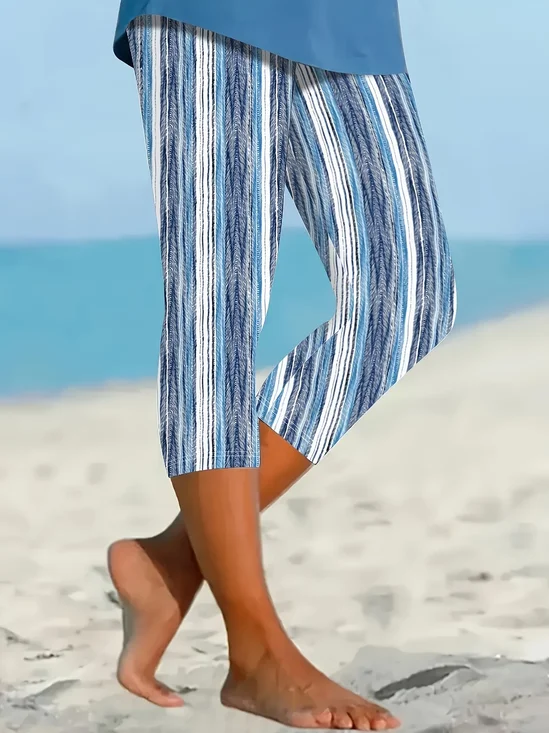 Damen Gestreift Caprihosen Elastische Taille Hose Lässig Sommer Hose