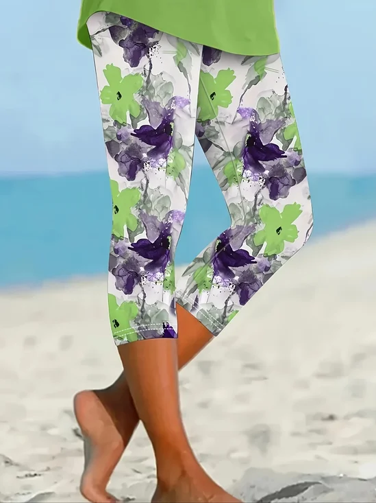 Damen Geblümt Caprihosen Elastische Taille Hose Lässig Sommer Hose
