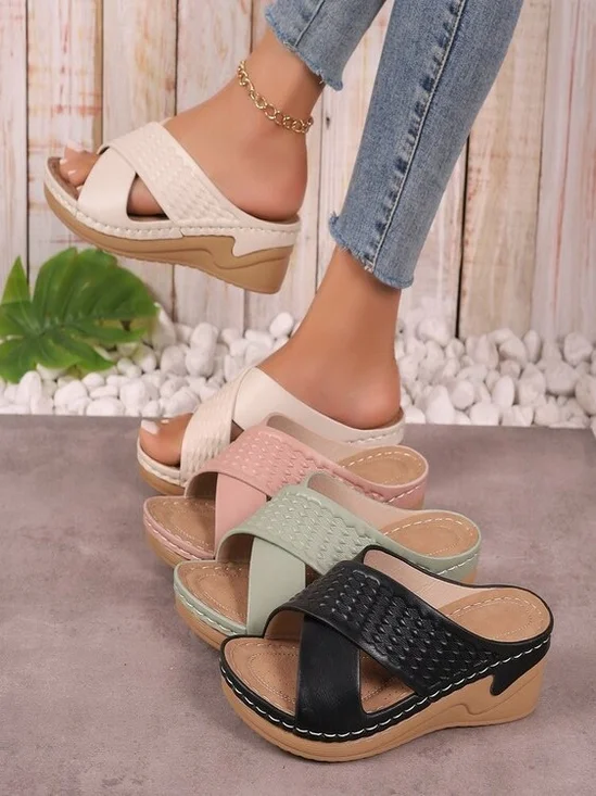 Hohl Kreuz Gurt dicke Sohlen Pantolette für Damen grenzüberschreitend Klettverschluss Unifarben Leicht Keilabsatz Strand Pantolette