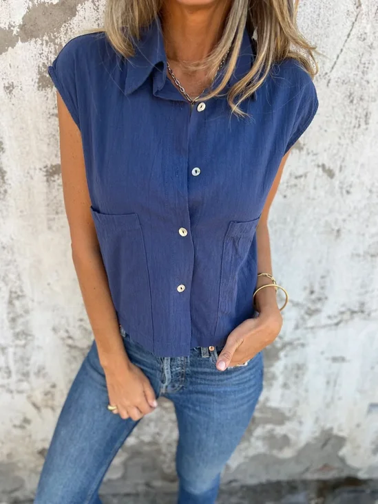 Damen Unifarben Kurzarm Bluse Sommer Schnalle Schalkragen Täglich Lässig Oberteile