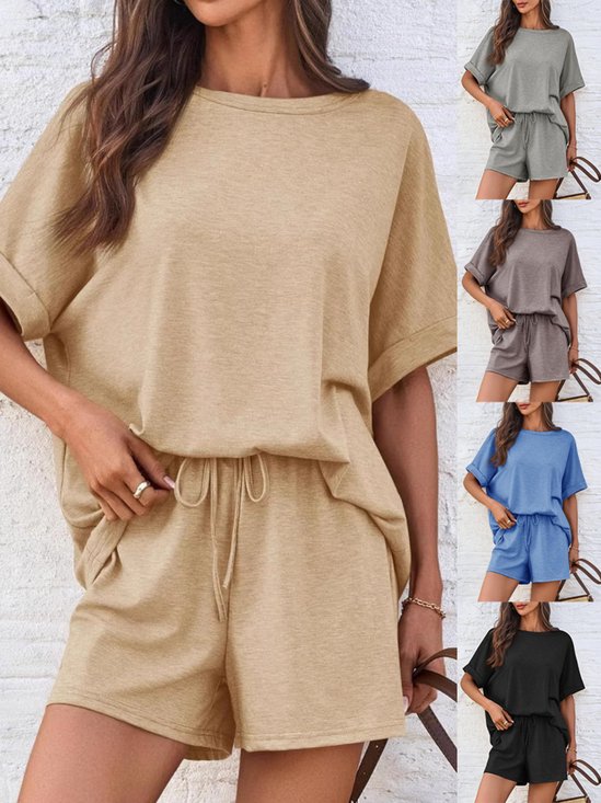 Damen Unifarben Taschennähen Dolman-Ärmel Zweiteiliges Set Täglich Halbarm Lässig Sommer Bluse mit Hose Matching Set