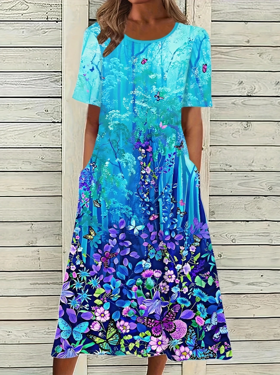 Damen Geblümt Halbarm Sommer Print Kleid Rundhals Täglich Lässig Maxikleid A-Linien-Kleid
