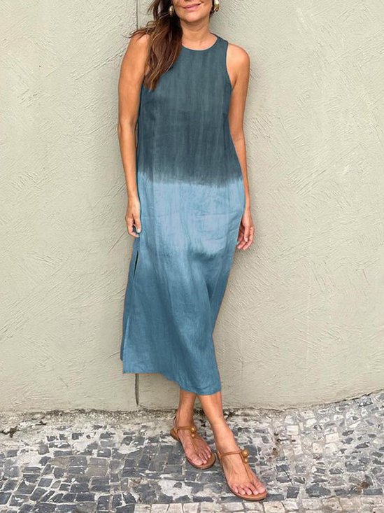 Damen Farbverlauf Ärmellos Sommer Kleid Rundhals Täglich Lässig Maxikleid Fließendes Kleid A-Linien-Kleid