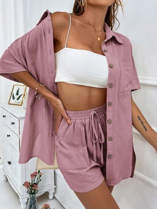 Damen Unifarben Nahtverarbeitung Zweiteiliges Set Täglich Kurzarm Lässig Sommer Bluse mit Hose Matching Set